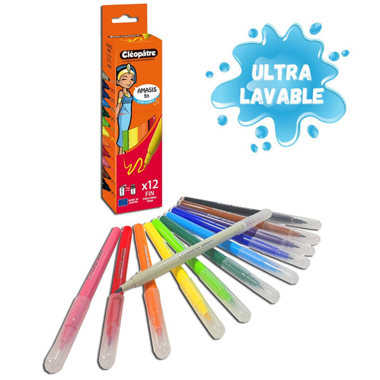 Boite de 12 feutres amasis fins ultra lavable- encre colorants alimentaires - couleurs vives et brillantes